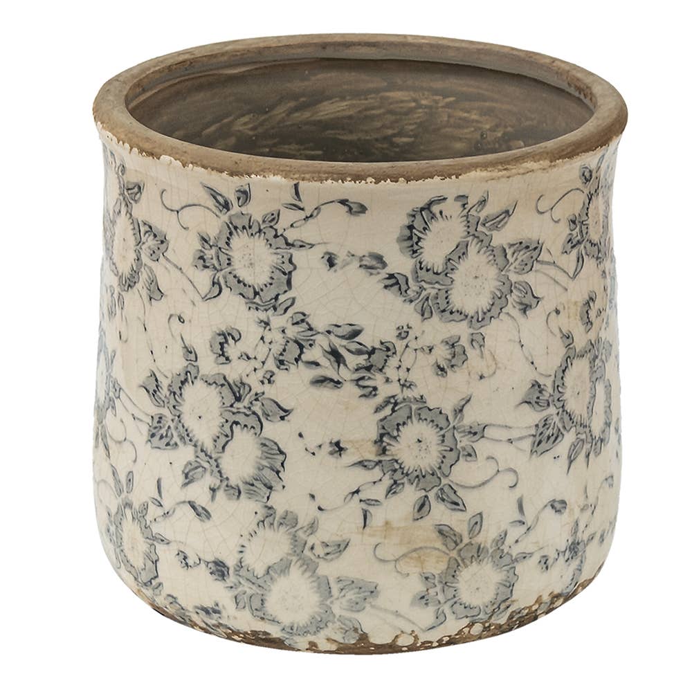 Vintage style planter Ø 17x16 cm Grey Beige Ceramic Flower design