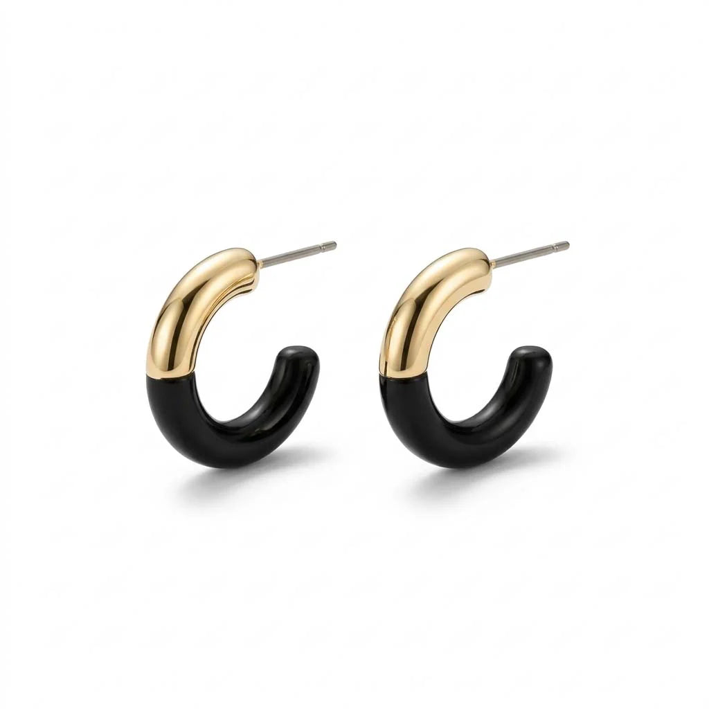 Mixed Metal and Resin C-Shaped Hoop Earrings | Gold | Black