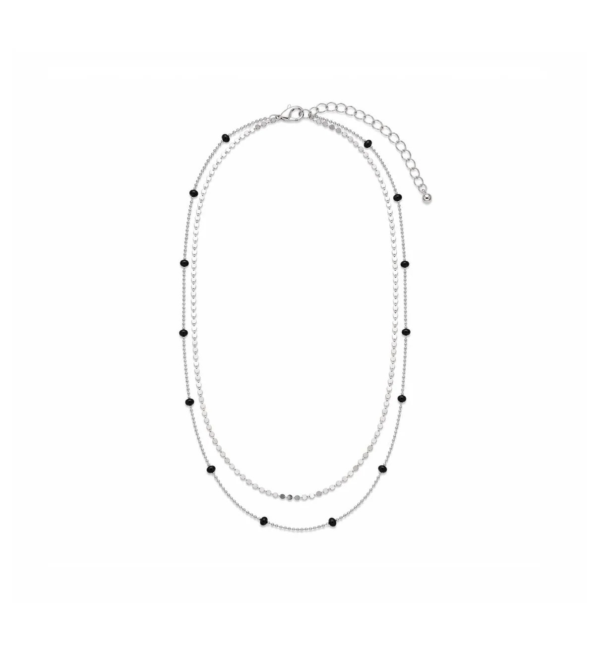 Double Layered Necklace with Flat and Beaded Coloured Ball Chains | Silver | Black