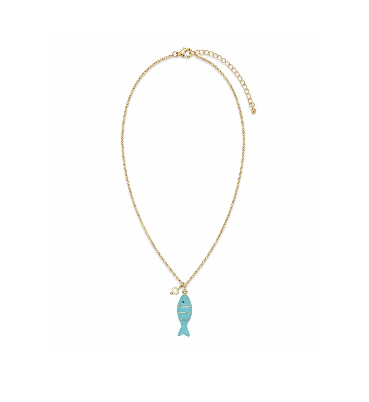 Colourful Enamel Fish Pendant & Pearl Necklace | Gold | Turqoise