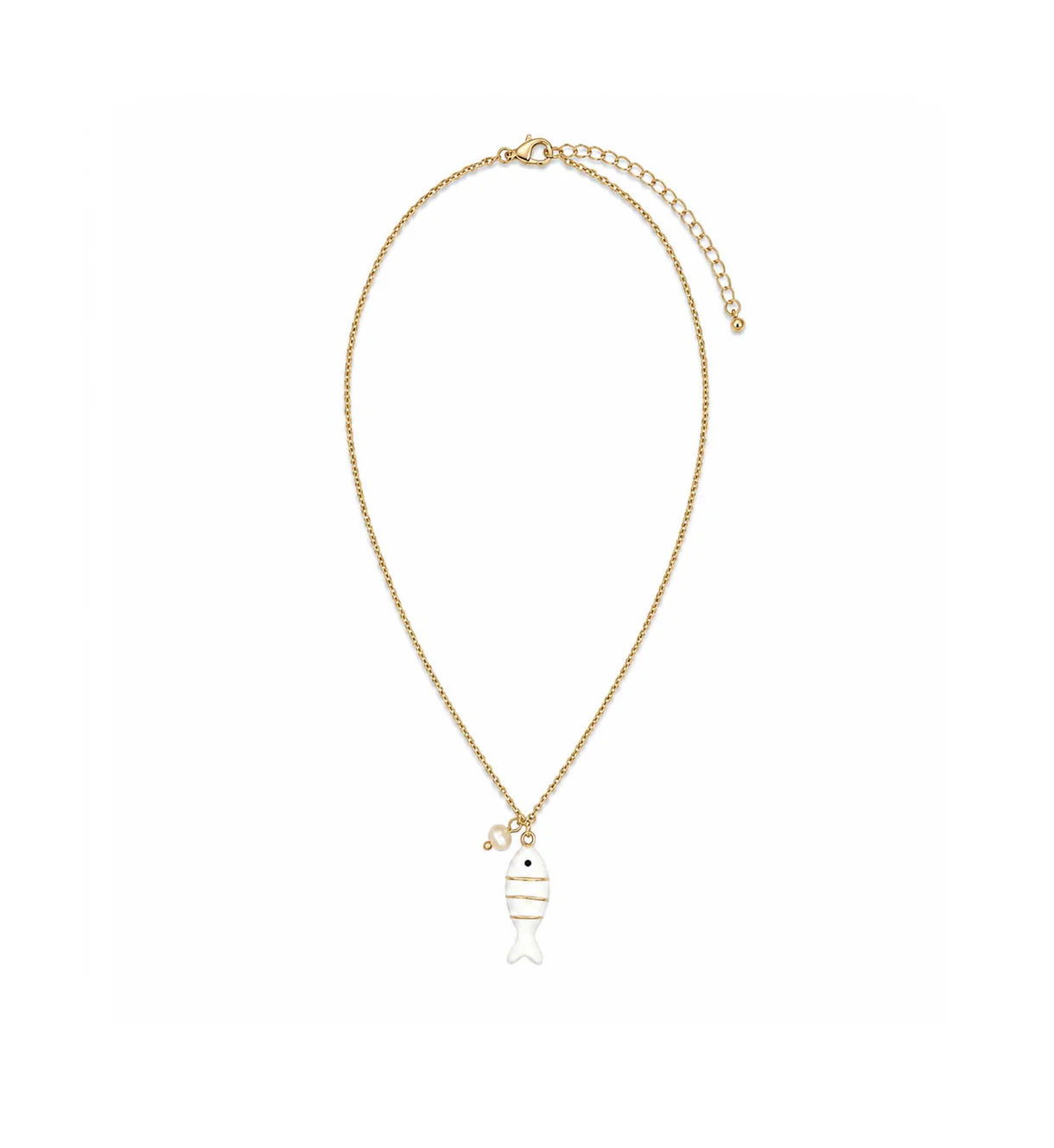 Colourful Enamel Fish Pendant & Pearl Necklace | Gold | White