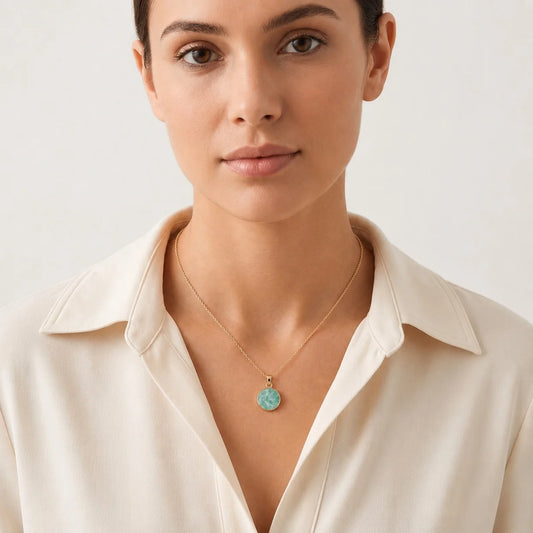 Round Semi-Precious Stone Pendant Necklace | Gold | Green Jade