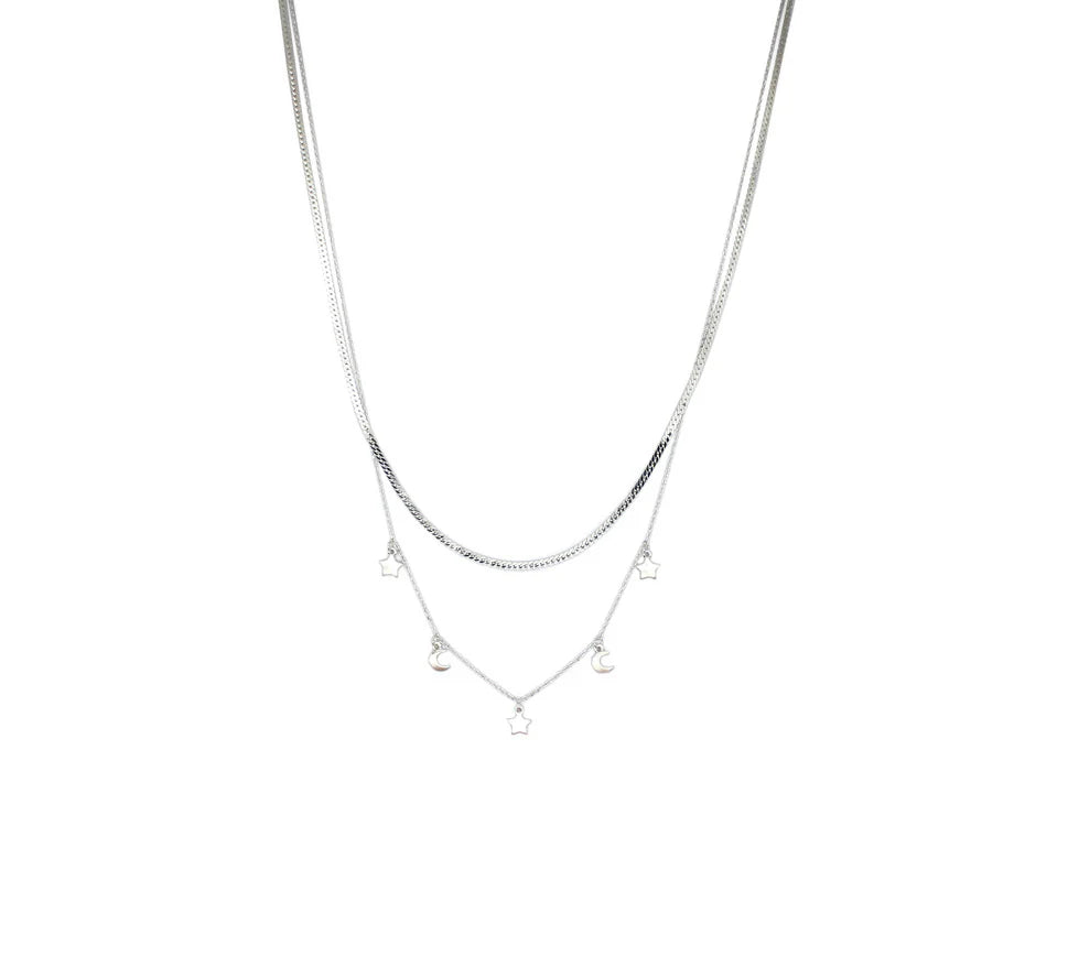 Brushed Star & Moon Charm Layered Necklace | Silver