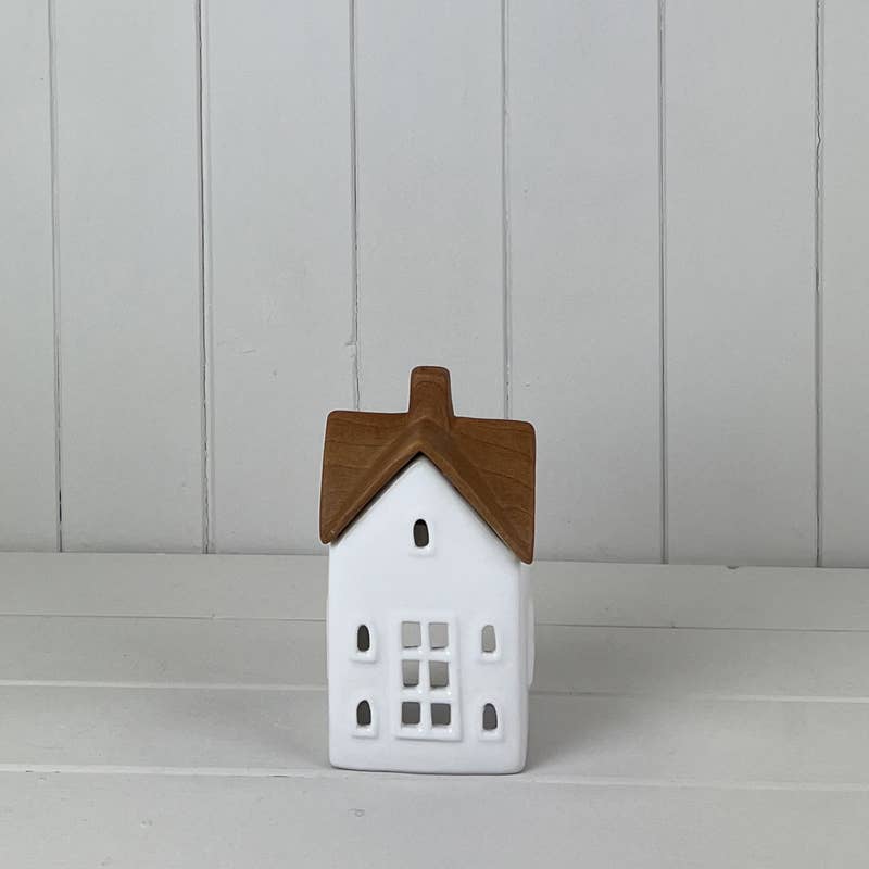 White/Wood Grain Effect Ceramic House Tealight Holder
