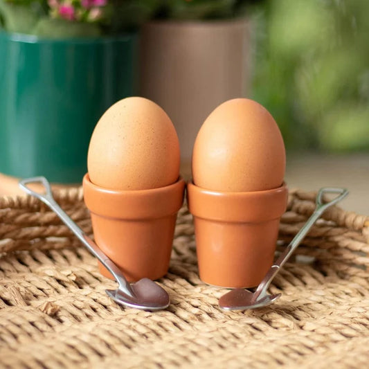 Plant pot egg cup set with shovel spoons