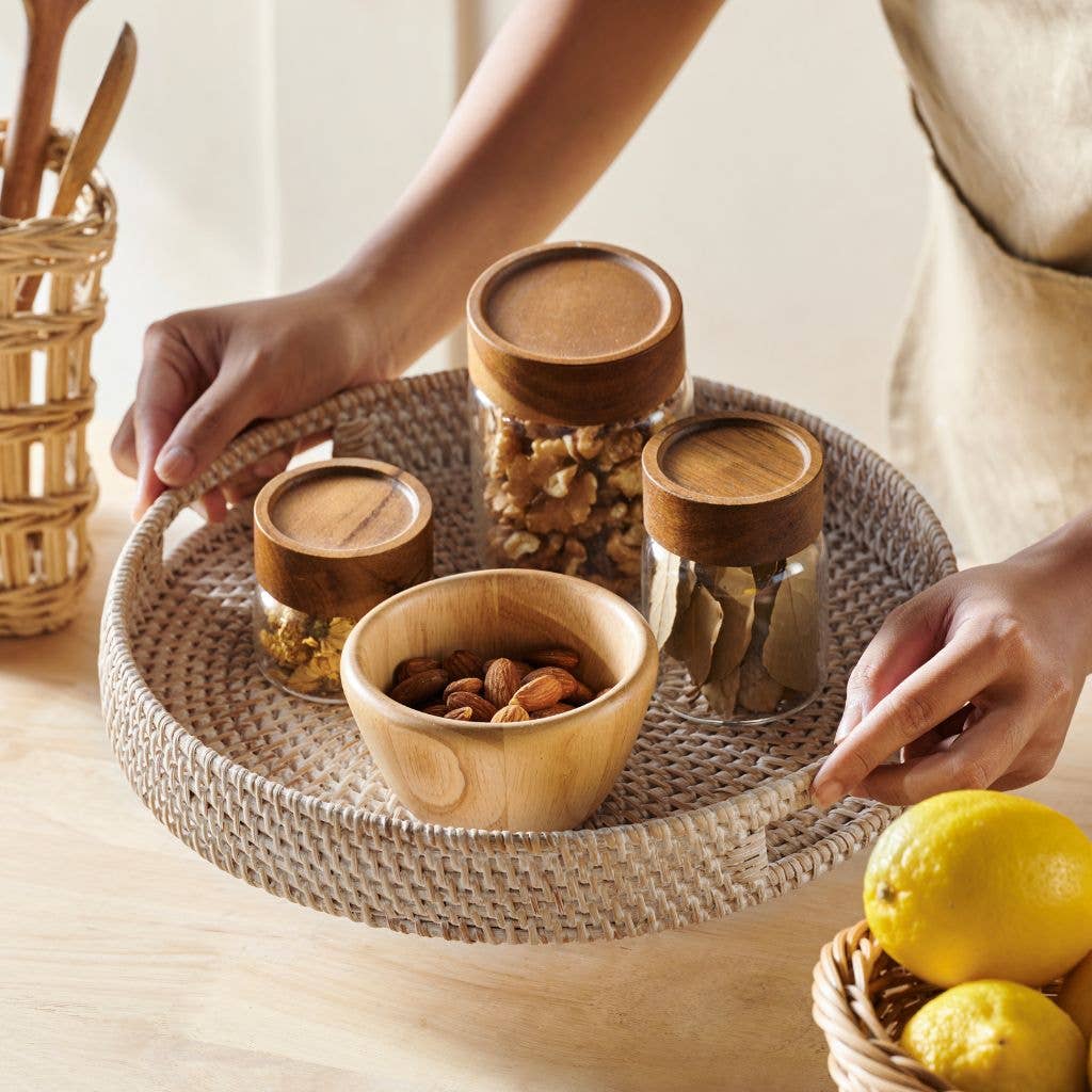 Rattan Trays | Round Hand Woven Wicker Serving Tray Décor