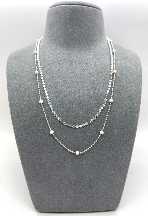 Double Layered Necklace with Flat and Beaded Coloured Ball Chains | Silver | White