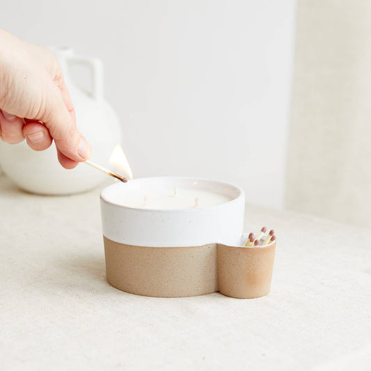 Scandi: Two Toned Ceramic Candle with Match Holder