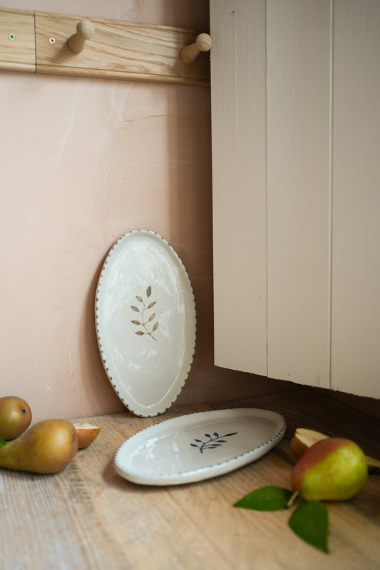 Hand Painted Botanic Oval Plate - Taupe