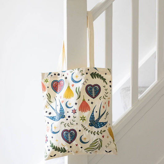 Cream Folk Floral Print Tote Bag