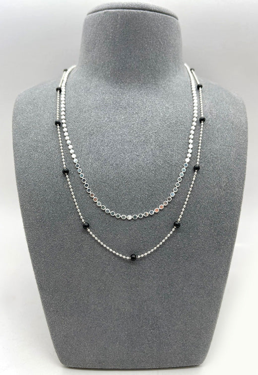 Double Layered Necklace with Flat and Beaded Coloured Ball Chains | Silver | Black