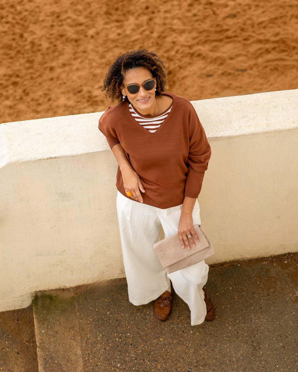 Chalk | Rebecca Stripe Top | Tobacco/Ecru