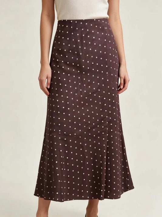Satin Slip Skirt in Brown Polka Dot