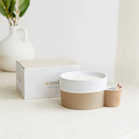 Scandi: Two Toned Ceramic Candle with Match Holder