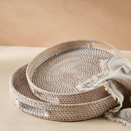 Rattan Trays | Round Hand Woven Wicker Serving Tray Décor