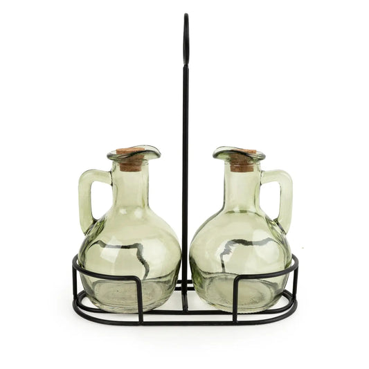 Set of 2 Oil Bottles On Stand | Green