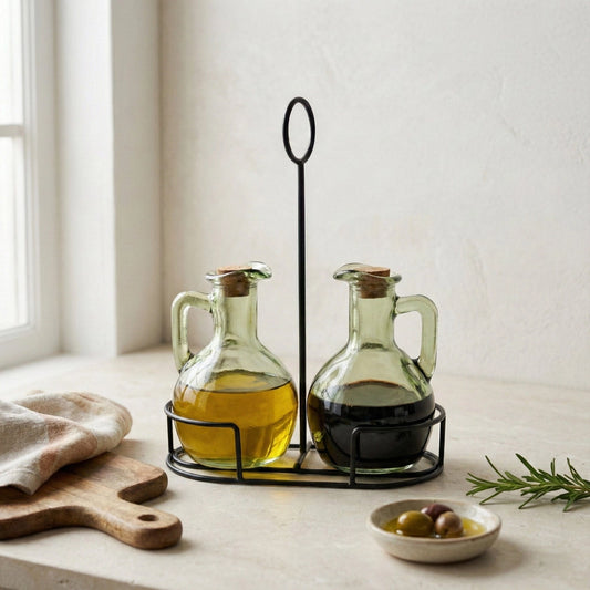 Set of 2 Oil Bottles On Stand | Green