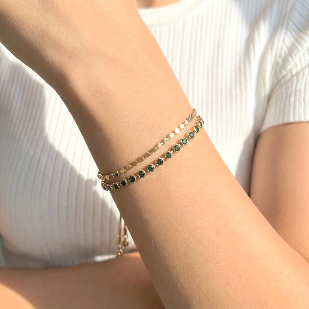 Layered Coloured Glass Stone Slider Bracelet | Gold | Green