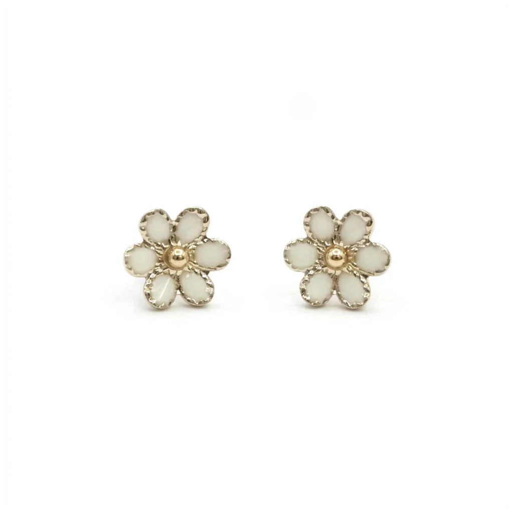 Enamel Coloured Flowers Stud Earrings | Gold | Ivory