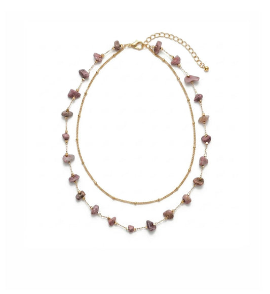 Double Layered Stone Short Necklace | Gold | Pink