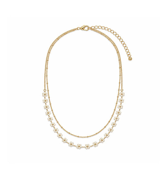 Double Layered Necklace with Enamel Coloured Flowers | Gold | Ivory