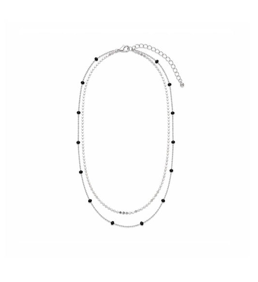 Double Layered Necklace with Flat and Beaded Coloured Ball Chains | Silver | Black
