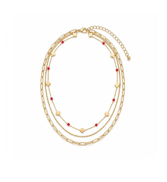 Mixed Chain Layered Necklace with Clover and Cut Glass | Gold | Red