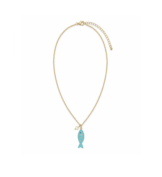 Colourful Enamel Fish Pendant & Pearl Necklace | Gold | Turqoise