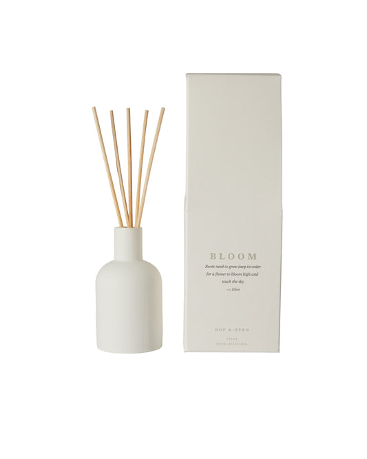 Natural Plant Based Reed Diffuser infused with high quality fragrances in a natural vegetable base, alcohol & glycol free. Poured in a simplistic white ceramic bottle with rattan reeds designed to be repurposed and reused.  Lasting scent over 3 months 