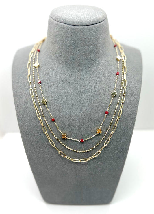 Mixed Chain Layered Necklace with Clover and Cut Glass | Gold | Red