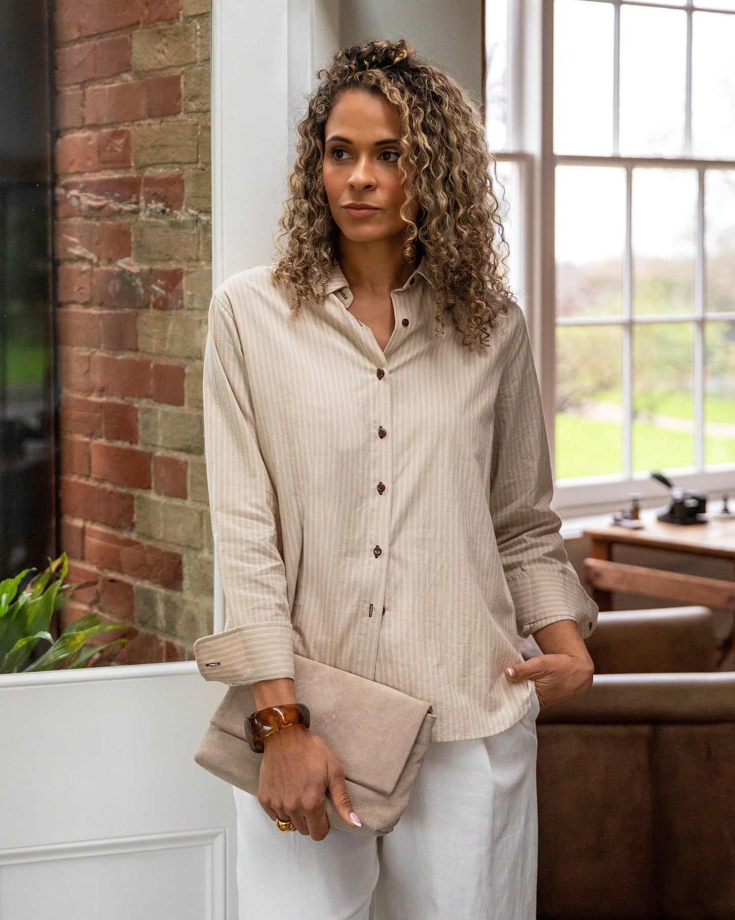 Nola Stripe Shirt | Beige/Ecru