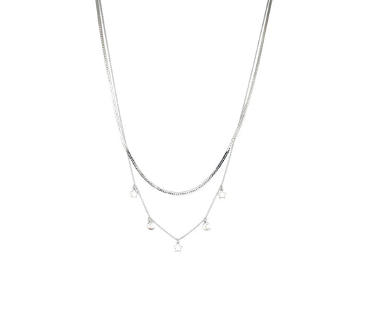 Brushed Star & Moon Charm Layered Necklace | Silver