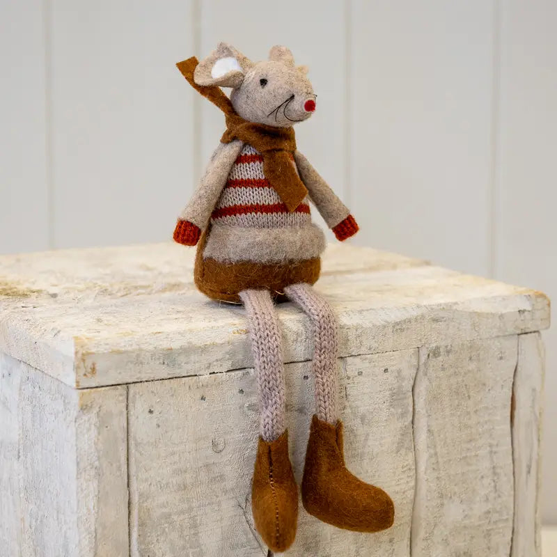 Fabric Sitting Boy Mouse in Orange and Brown Stripey Outfit