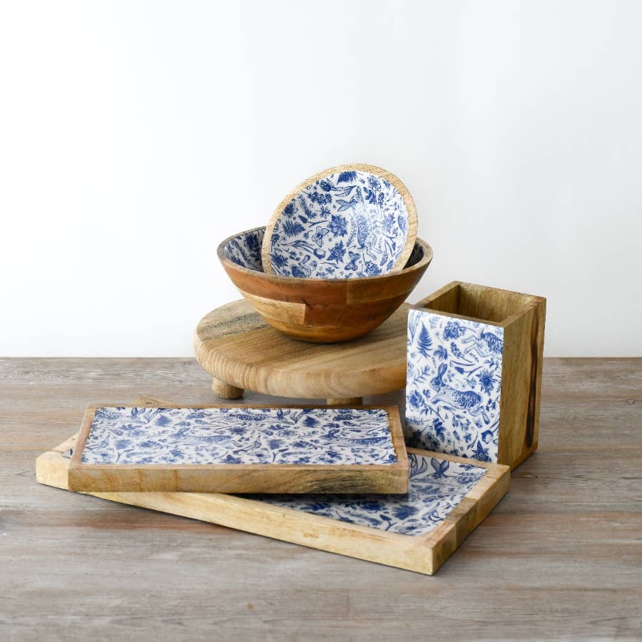 Enamel Blue Floral Bowl, 17cm
