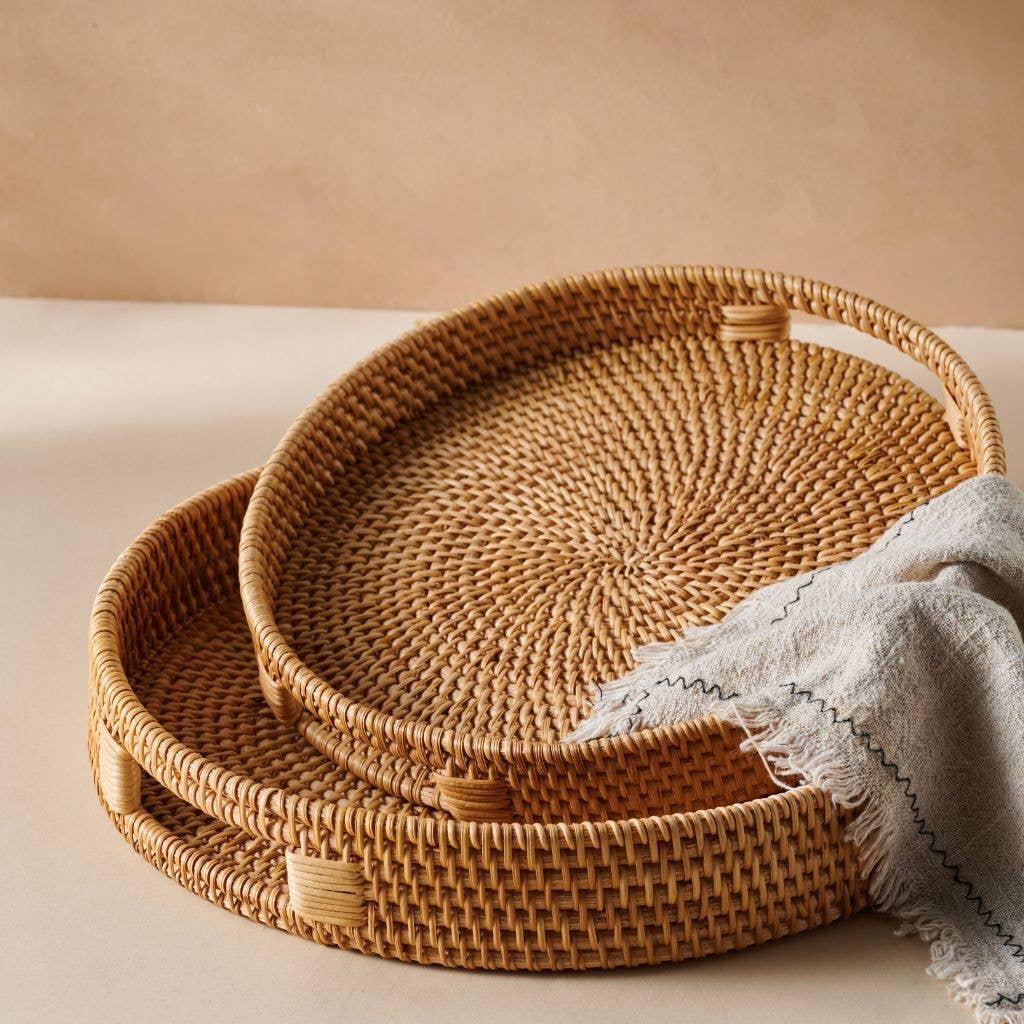 Rattan Trays | Round Hand Woven Wicker Serving Tray Décor