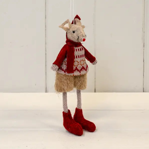 Red and Beige Hanging Winter Mouse with Patterned Jumper