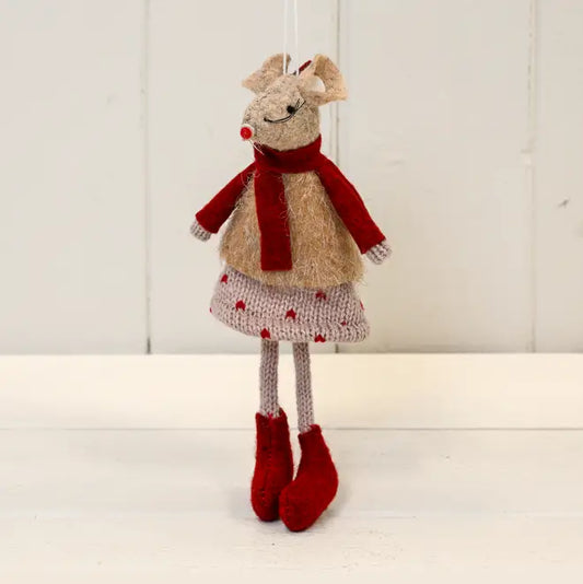 Red and Beige Hanging Winter Mouse with Polka Dot Skirt
