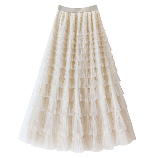 Full Length Tiered Frill Layer Skirt in Cream