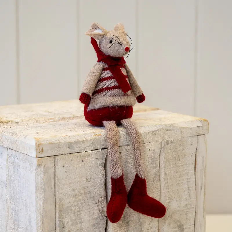 Fabric Sitting Boy Mouse in Red and Brown Stripey Outfit