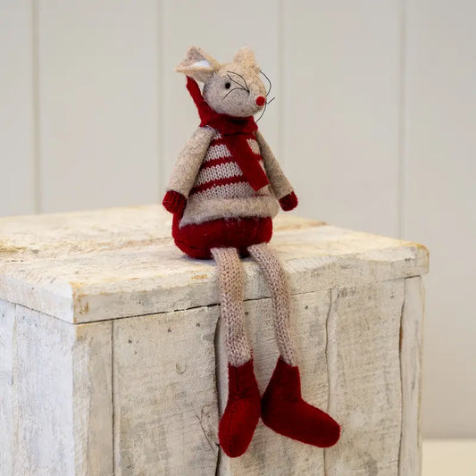 Fabric Sitting Boy Mouse in Red and Brown Stripey Outfit