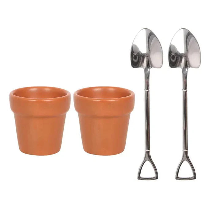 Plant pot egg cup set with shovel spoons