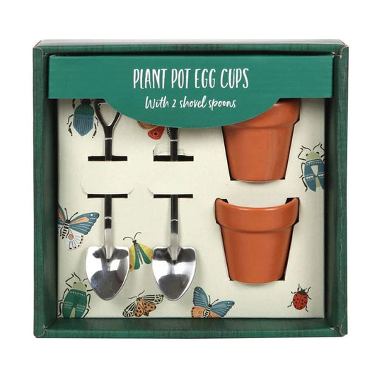 Plant pot egg cup set with shovel spoons