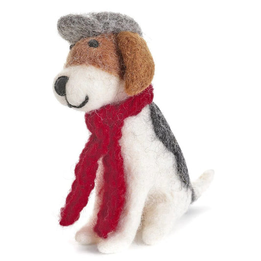 Sitting Fox Terrier with Flat Cap & Scarf